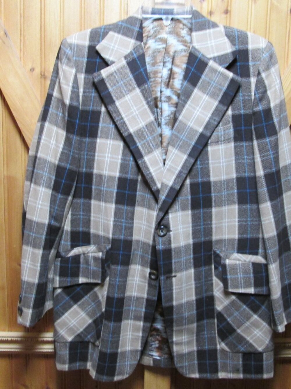 Mens 40 Wool Petrocelli checker brown tan 70s sport coat 2 button wide collar